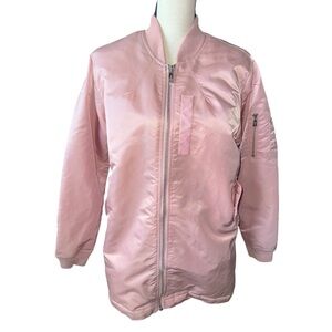 SOHO Pink Bomber Jacket Sateen BABE Longline Ribbed Collar Cuffs Pockets Large